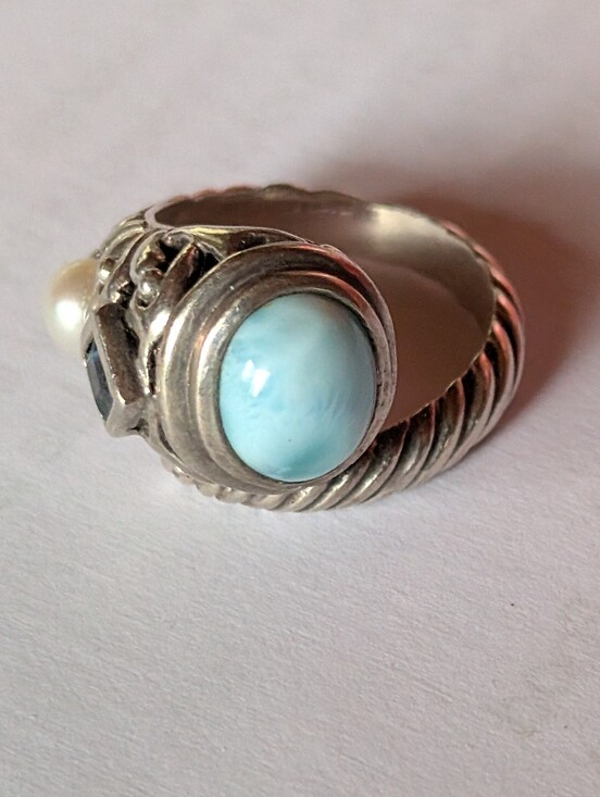 Marahlago Jewelry - MarahLago Sterling Silver Larimar Cabochon Ring with Pearl Accent - Light Blue